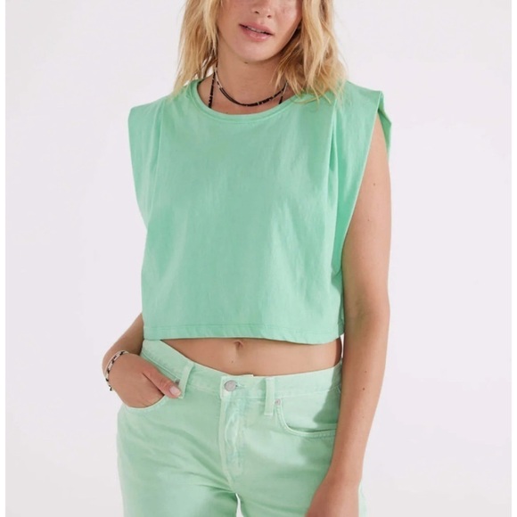 Ética Zelie Pleated Crop Muscle Tee Organic Cotton Relaxed Fit In Green Size L - Picture 1 of 15